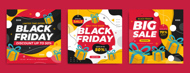 Black friday sale promotion social media post template. Fashion brand marketing banner or flyer with realistic gift box & abstract background. Luxury cover or poster for black friday online business. 