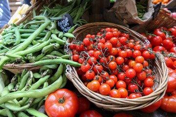 Fresh green beans and tomatoes for sale at Borough Market, London