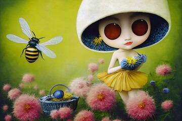 Happy character human woman bee collect pollen in baskets on meadow. Funny character, picking honey. Enjoying the scent of low-growing. Fairytale, insect, for banner or landing page. Illustration. - obrazy, fototapety, plakaty