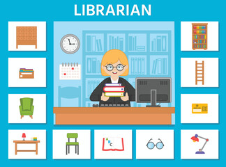 Educational game for children. Educational cards. Professions. Librarian and library equipment. Preschool workbook. Vector illustration