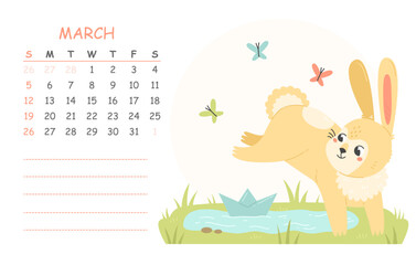 March children's calendar for 2023 with an illustration of a cute rabbit with a paper boat and a puddle. 2023 is the year of the rabbit. Vector spring illustration of a calendar page.