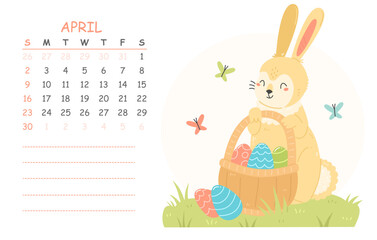 April children's calendar for 2023 with an illustration of a cute rabbit with Easter eggs in a basket. 2023 is the year of the rabbit. Vector spring Easter illustration of the calendar page.