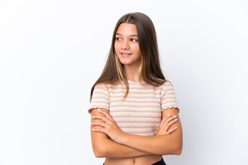 Obraz premium Little caucasian girl isolated on white background looking to the side