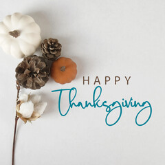 Rustic modern thanksgiving flat lay background with text for holiday greeting. - 536355501