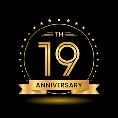 19th Anniversary, Perfect template design for anniversary celebration with gold color for booklet, leaflet, magazine, brochure poster, web, invitation or greeting card. Vector template