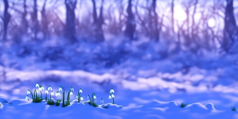 White snowdrops in the woods in the snow during sunset. High quality Illustration