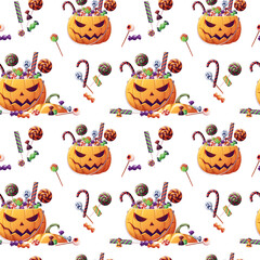 Seamless pattern with Halloween sweets and pumpkin on a white background. Trick or treat. Seamless texture for wrapping, textile, wallpaper, etc.