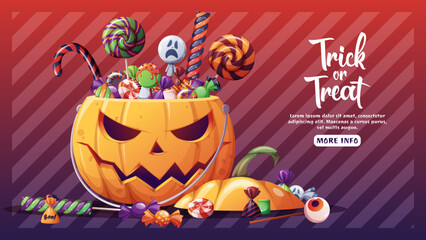 Halloween banner with orange pumpkin and sweets. Trick or treat. Web banner, poster, advertising, background, flyer, holiday card. Cartoon vector illustration
