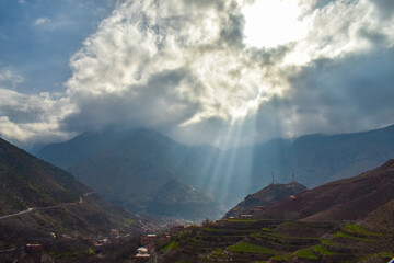 sun beams over high Atlas mountains in Morocco