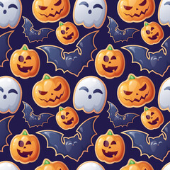 Seamless pattern with Halloween sweets on a dark background. Cookies in the form of a ghost, a bat, a pumpkin. Trick or treat. Festive texture great for wrapping paper, wallpaper, fabric, etc.
