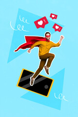 Vertical collage image of excited mini guy superman fly big telephone like notifications isolated...