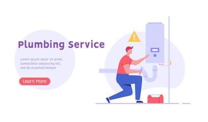 Plumber repairing sink pipe. Call master fixing heater, pipes. Professional engineers check the boiler. Concept of plumbing service, home master, handyman. Vector illustration flat cartoon design