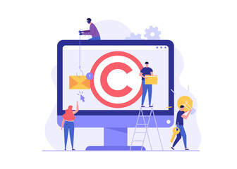 Concept of stealing idea, plagiarism, intellectual property piracy, illegal content. Thief in black mask stealing privacy idea with copyright. Vector illustration in flat design for web banner, UI