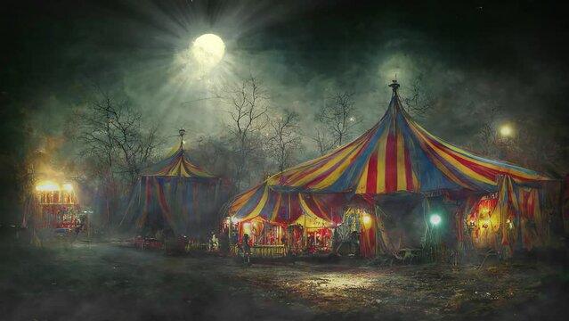 An eerie haunted circus at night under a full moon, created with generative ai