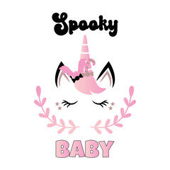 Pink Halloween unicorn and Spooky Baby cute inscription. Pink Halloween Party. Vector illustration.