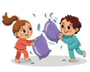 A girl and a boy are having a pillow fight. Vector illustration.
