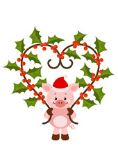 Christmas pig holding a holly garland