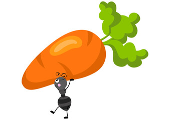 Cute ant carrying a fresh carrot