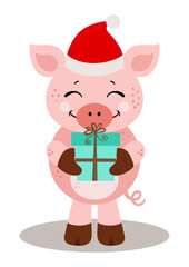 Obraz na płótnie Canvas Cute Christmas pig holding a gift box