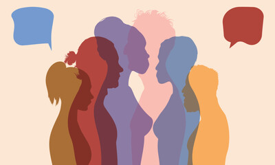 Multicoloured profile vector cartoon. Communication between groups of people talking. Crowd talking. Social networking communication.