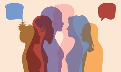 Communicate and share ideas and information. Vector cartoon people inside speech bubble communicating and collaborating on social networks.