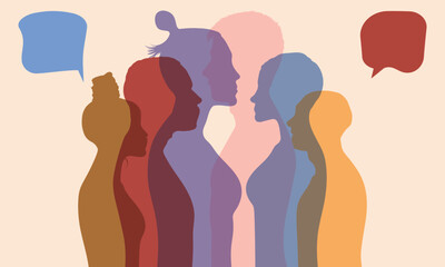 Social media communication with group of people in profile. Vector cartoon talking. Communication concept with crowd and speech bubbles.
