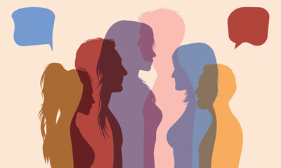 Interethnic dialogue. Crowd to communicate. Social networking concept. Vector illustration of diverse people in a large isolated profile talking.