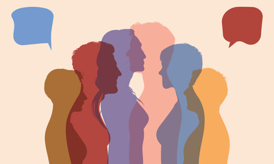 Speech bubble and share ideas. Communication concept. Multiethnic multicultural dialogue group with vector cartoon heads. 