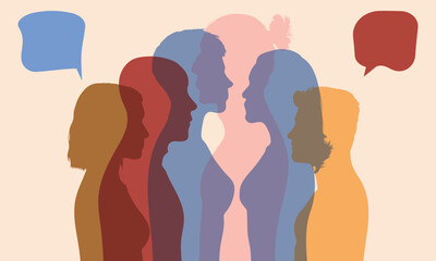 Social networking information. People communicating in groups. Cloud of speech bubbles. Cartoon character profile of a network. Diverse people of the community.