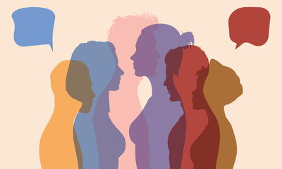 A Crowd Talking and Dialogue group of a diverse and multiethnic group. A network of people sharing ideas and exchanging information.