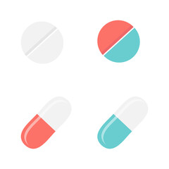 A set of pills for medicine and pharmacy. Flat design, vector illustration