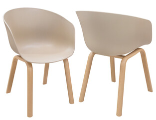 Modern stylish plastic chair with wooden legs. Isolated from the background. Interior element