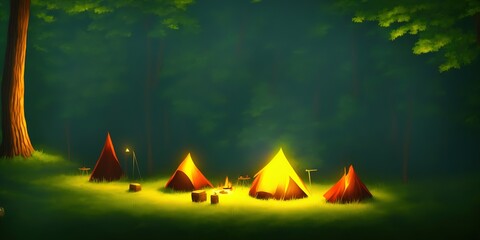 Outdoor camping in the woods. High quality Illustration