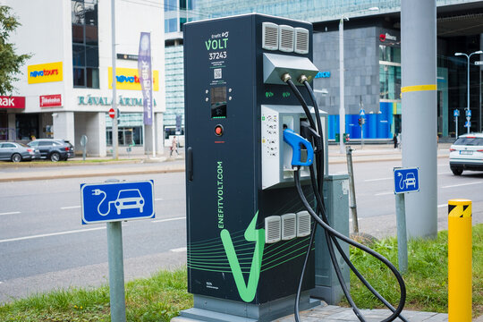 Tallinn, Estonia - September 23, 2022: Enefit Volt public electrical vehicle charging point. Electric car charging station in city center.