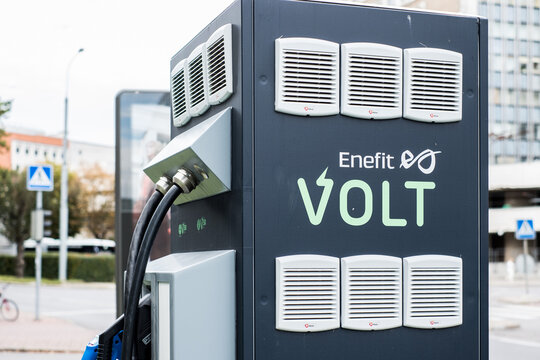 Tallinn, Estonia - September 23, 2022: Enefit Volt public electrical vehicle charging point. Electric car charging station in city center.