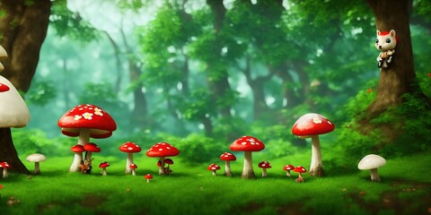 Obraz na płótnie Canvas Cute Woodland Animals with Flowers, Plants, Mushrooms and Banner.. High quality Illustration
