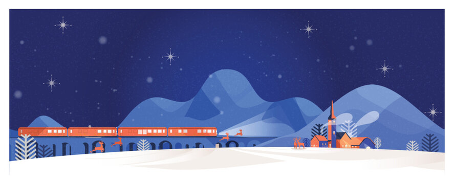Banner vector illustration of winter night scene in countryside with train and snow fall