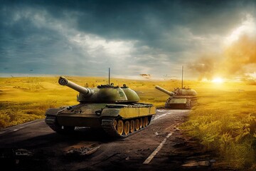 War tanks of the Ukraine army at sunset on a the road on a wheat ears field. Ukraine flag colors in the battlefield. Concept of Ukrainian war and resistance army. 3D rendering. - obrazy, fototapety, plakaty
