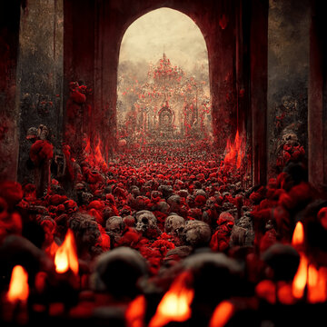 Wide angle view of a huge portal with some skulls on the floor and a palace on the background. Red style.