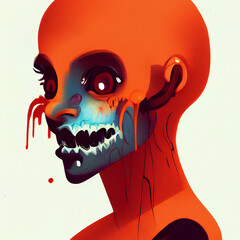 Ilustración digital de la cara de una chica zombi, en colores anaranjados, por la celebración de Halloween - obrazy, fototapety, plakaty