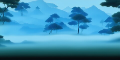 Fototapeta na wymiar Landscape with blue misty forest trees. Traditional oriental ink painting sumi-e, u-sin, go-hua. Hieroglyphs - peace, tranquility, clarity, zen.. High quality Illustration
