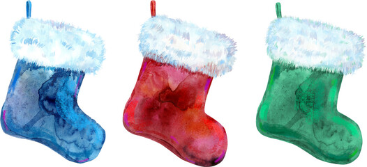 Christmas colorfull socks with white fur. Watercolor illustration. Isolated.