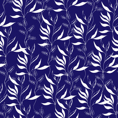 Fototapeta premium White leaves on a blue background seamless contrast floral print for fabric, paper