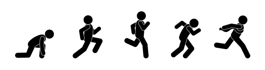 runner icon at the start, poses of a running man, run illustration, stick figure human silhouette
