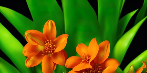 Obraz premium Front view of two bouquet of orange flowers with a jungle background, Macro shot of two bunch of Clivia miniata. High quality Illustration