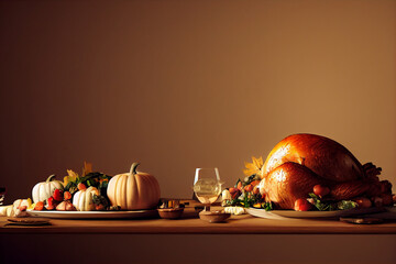 thanksgiving day turkey on a festive table decorated with candles, a set table, with pumpkins and festive food