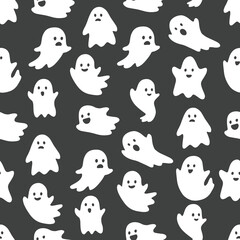 Seamless pattern with ghosts. Halloween pattern for different designs. Dark grey background with white ghosts silhouettes