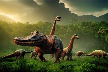 Fototapeta premium An ancient dinosaur park in which ancient dinosaurs are preserved in a natural environment and habitat. 3D rendering.