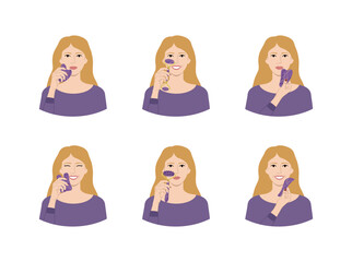 Set of portraits of white woman with purple amethyst gua sha scraper and roller. Facial gua sha scraping massage tools. Variations of home beauty skin care routine