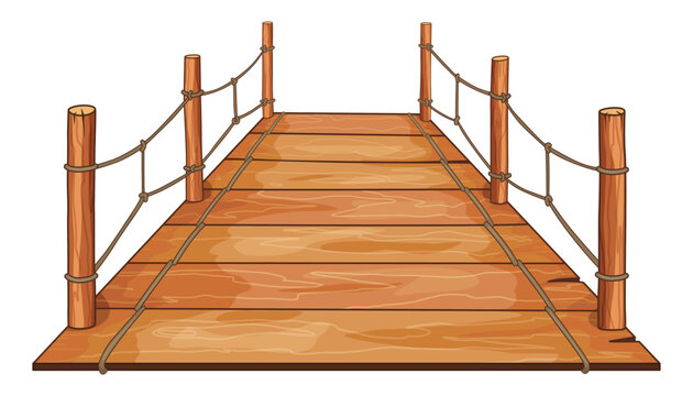 Wooden bridge with rope handrails attached on the sides. Isometric set icon in flat design. Vector illustration